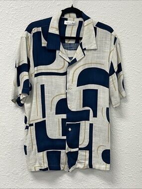 Jason Wu Navy, Cream & Gold Geometric Short-Sleeve Button Shirt #1109